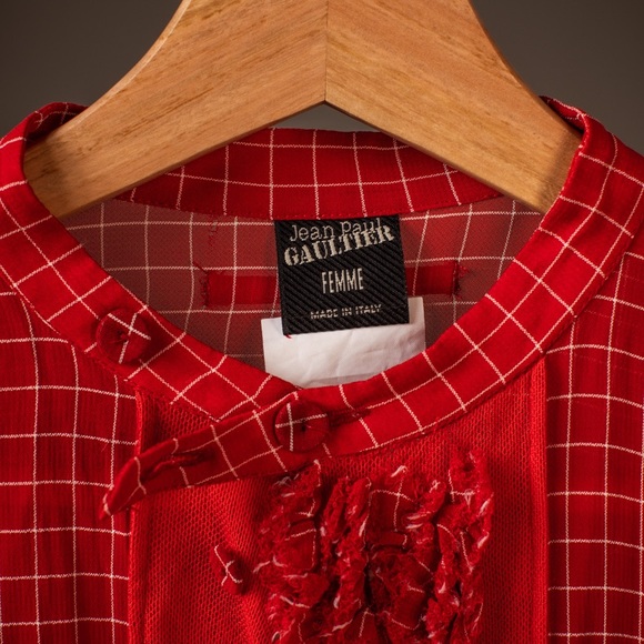Red & white rayon crepe / tulle Jean Paul Gaultier Femme blouse. - Picture 4 of 7